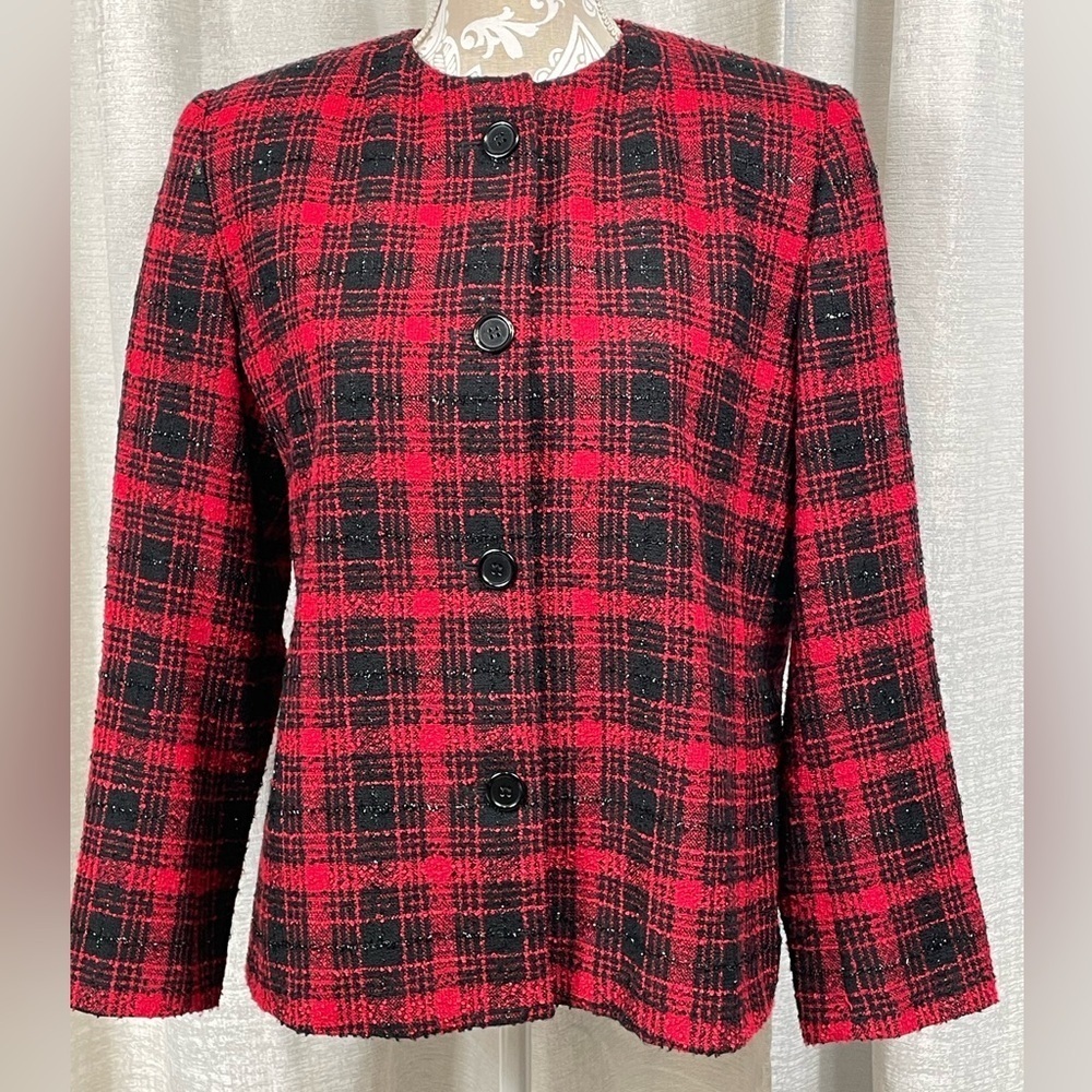Preston & York Petites Red Plaid Wool-Blend Jacket | Size 14P - Picture 3 of 6